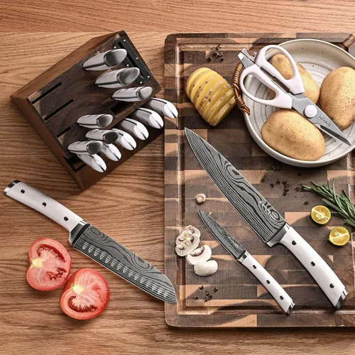 Vista 2 de Emojoy Juego de cuchillos de cocina de 18 piezas con bloque y afilador incorporado, juego de cuchillos de acero alemán de espiga completa