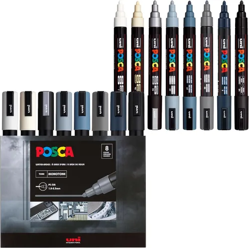 Vista 12 de Posca PC-5M Rotuladores de Pintura a Base de Agua, Punta Media Reversible (1.8-2.5mm), Tono Fresco, Pack de 8 Frío