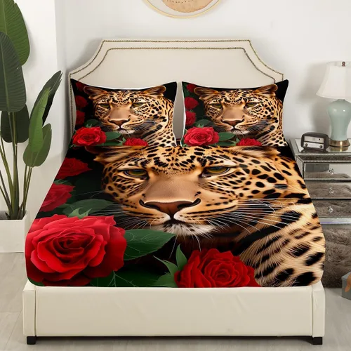 Vista 3 de Erosebridal Juego de sábanas bajeras de rosas rojas y leopardo, tamaño individual, diseño de animales africanos salvajes, diseño de plantas
