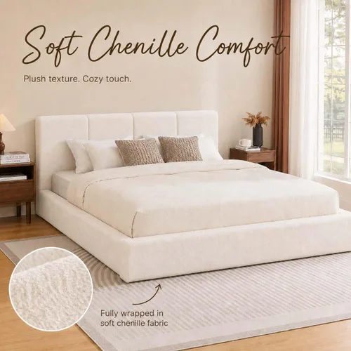 Vista 4 de Anwick Marco de cama King Cloud con cabecero, plataforma tapizada Blanco crema