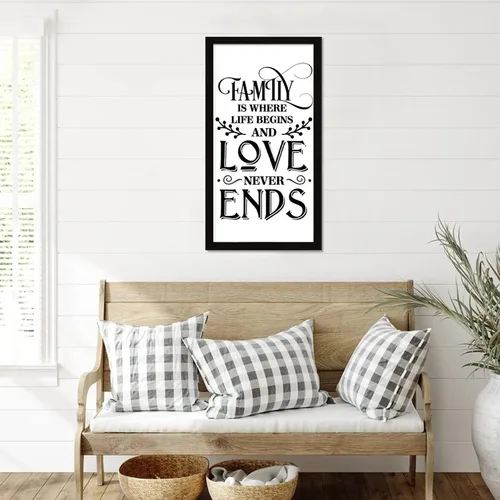 Vista 5 de Letrero de madera de 22 x 12 pulgadas con texto en inglés "Positive Saying Family is Where Life Begins and Love Never Ends Scripture Versículos