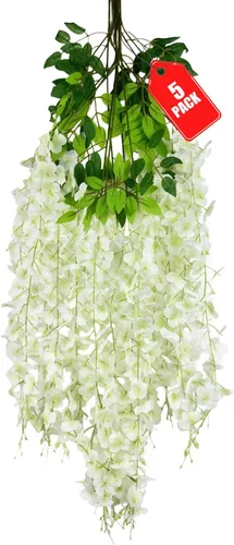 Vista 29 de Paquete de 12 flores colgantes de glicina rosa, flores colgantes falsas de 3.44 pies, guirnalda de glicina artificial para decoración de boda, telón