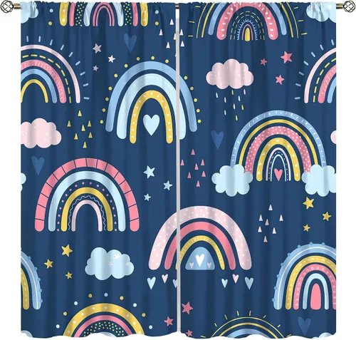 Vista 16 de Cortinas bohemias con diseño de arco iris, hermoso diseño de estrellas de durazno marrón y arcoíris, para dormitorio de niños y niñas, sala
