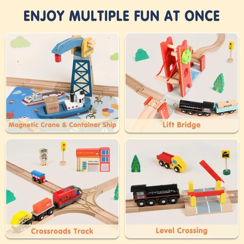 Vista 6 de Qilay Juego de tren de madera de 121 piezas con bolsa de almacenamiento, juego de pista de tren de madera Busy Port City para niños a partir de 3