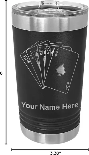 Vista 5 de LaserGram Vaso de pinta aislado al vacío de 16 onzas, tarjetas de póquer Royal Flush con grabado personalizado incluido (negro)