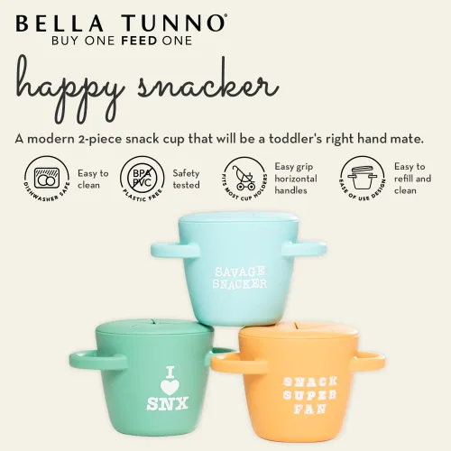 Vista 2 de Bella Tunno Happy Snacker - Vasos a prueba de derrames para niños pequeños y bebés, recipientes de aperitivos hechos de silicona sin BPA, apertura