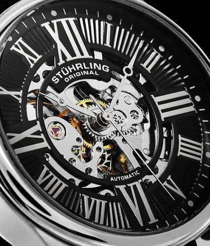 Vista 2 de Stuhrling Original Reloj de vestir mecánico de esqueleto atrium para hombre con correa de cuero de primera calidad