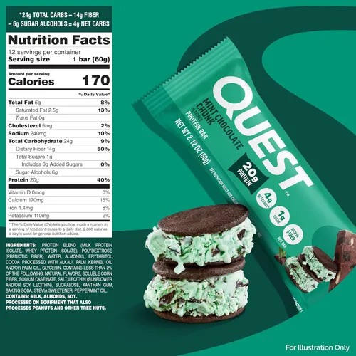 Vista 2 de Quest Nutrition Barra de proteína de trozos de chocolate menta, alto en proteínas, bajo en carbohidratos, sin gluten, apto para ceto, 12