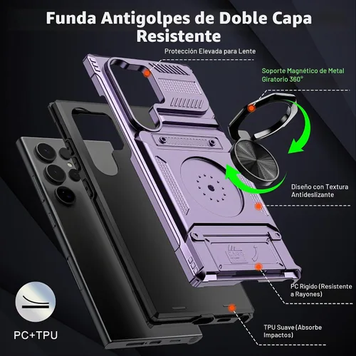 Vista 3 de Vofolen Funda para Samsung Galaxy S23 Ultra con tarjetero [almacena 2 tarjetas] + soporte de anillo giratorio de 360° de doble capa resistente a