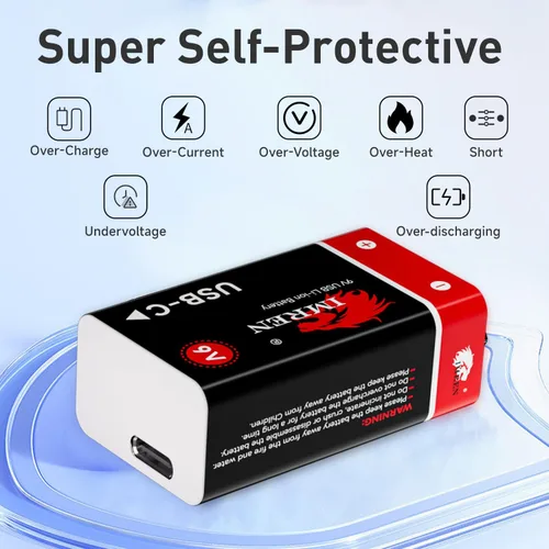 Vista 5 de Imren Batteires de litio recargables de 9 V, 3600 mWh USB de 9 voltios de iones de litio recargable de larga duración, con cable de carga USB-C 4