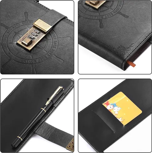 Vista 4 de Kesote Diario Negro con Cerradura, Cuadernos de Diario con Cerradura de Cuero Sintético Rellenable, Planificador Organizador con Bolígrafo, A5