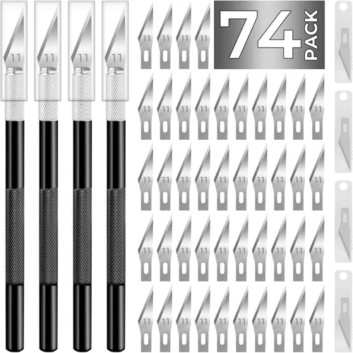 Vista 8 de Exacto - Cuchillo de manualidades, cuchillo de pasatiempo, paquete de 74 con 4 cuchillos afilados actualizados y 70 cuchillas de repuesto para arte