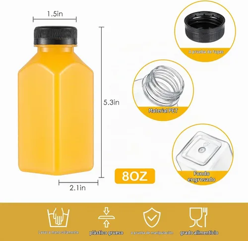 Vista 4 de Dabacc Botellas de jugo, 45 piezas de 8 onzas de botellas de plástico con tapas herméticas reutilizables, contenedores de agua transparentes vacíos