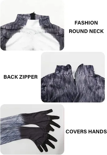 Vista 131 de Disfraz de animal para hombre con estampado de cola grande, overol peludo de elastano para cosplay, fiesta de Halloween