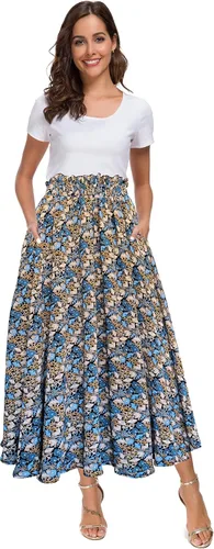 Vista 17 de Afibi Falda de gasa con estampado floral de cintura alta para mujer, estilo swing, de playa, midi, larga con bolsillos Negro