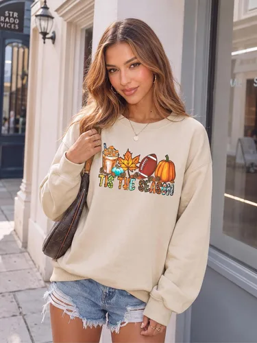 Vista 2 de Tis The Season - Sudadera de otoño para mujer, diseño de calabaza de Acción Beige