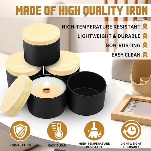 Vista 4 de Paquete de 12 tarros de velas, latas de velas de 4 onzas con tapas de impresión de grano de madera de metal, tarros de velas de metal vacíos