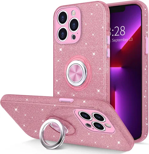 Vista 12 de Hython Funda para iPhone 13 Pro Max con soporte de anillo [soporte de anillo giratorio de 360° con soporte magnético] [borde chapado en oro rosa]