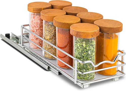 Vista 17 de Organizador de especias extraíble para gabinete – resistente cromado deslizante para especias 14 in de ancho x 10 3/8 in de profundidad x 2 1/8 in