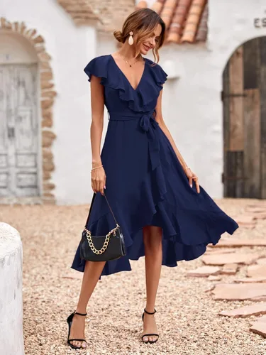 Vista 3 de Floerns Vestido midi cruzado con cuello en V profundo y manga mariposa para mujer