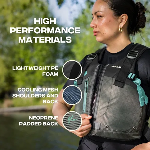 Vista 5 de Stohlquist Chaleco salvavidas PFD para mujer, 8 puntos de ajuste para un ajuste definitivo, carcasa exterior Ripstop, flotación de espalda alta, Gris