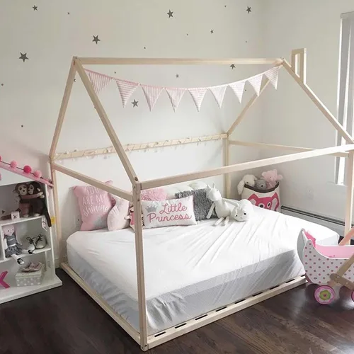 Vista 6 de Cama Montessori tamaño Queen, marco de cama Montessori con forma de casa para niños pequeños con listones debajo del colchón, marco de cama
