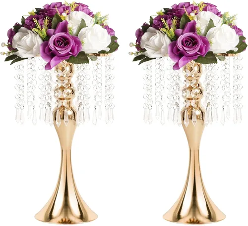 Vista 10 de Centros de mesa de boda para mesas, 21.3 pulgadas, 2 jarrones de metal dorado con cristal Soporte de flores para centros de mesa de boda