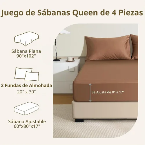 Vista 3 de Juego de sábanas tamaño Queen, 4 piezas de sábanas egipcias 100% algodón de fibra larga con sistema de doble bloqueo, lujoso, suave y cómodo, 1000