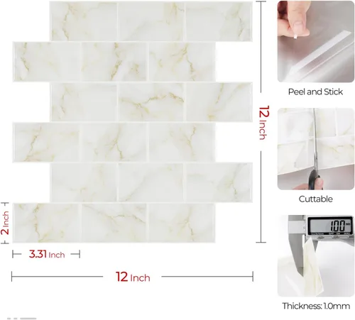 Vista 6 de Livelynine 16 Azulejos de Oro de Mármol Despegar y Pegar Salpicaduras para Cocina Adhesivos de Azulejos de Pared para Baño Salpicaduras Impermeables