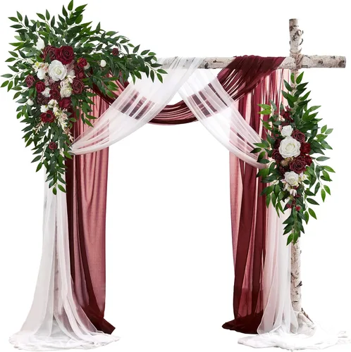 Vista 12 de Kit de flores para arco de boda con cortinas (paquete de 4) – 2 guirnaldas artificiales beige de lujo con 2 cortinas transparentes para ceremonia