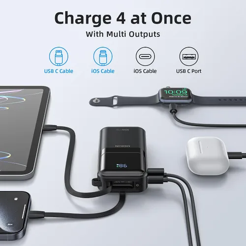 Vista 3 de MOKiN Cargador Portátil, 10000mAh 30W Power Bank Carga Rápida, Paquete de Batería para Teléfono con Cable Incorporado, 4 Salidas, Powerbank Compacto