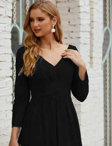 Vista 4 de nightbubo Vestido de dama de honor para mujer manga larga cuello en V vestido formal de gasa para boda