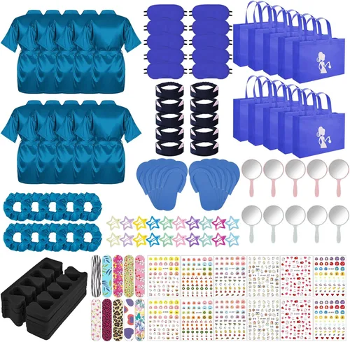 Vista 8 de 122 piezas Kit de fiesta de spa rosa y rosa intenso para niñas, paquete de 10 recuerdos de fiesta de pijamas con batas de satén, bolsas de mano