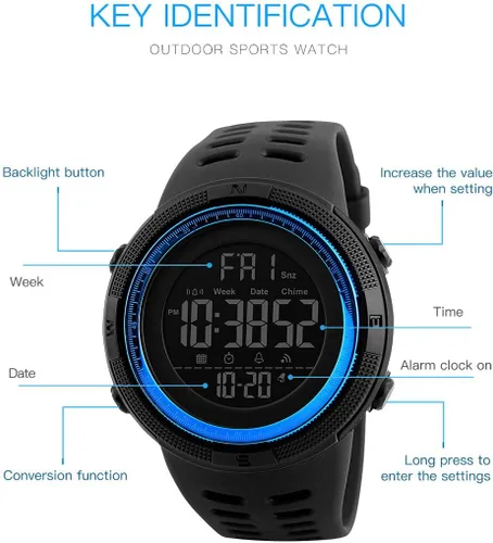 Vista 3 de Tonnier - Reloj deportivo para hombre, multifuncional, digital, pantalla LED, militar, doble hora, luz trasera, cronómetro e impermeable con correa