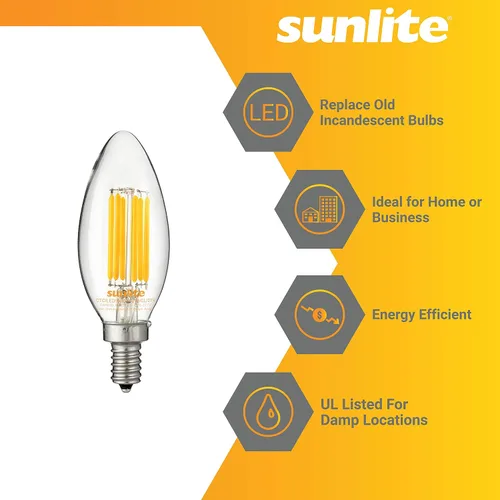 Vista 2 de Sunlite Bombilla LED Edison B11 con punta de torpedo 40302, 5 vatios (equivalente a 60 W), 630 lúmenes, base de candelabro E12, filamento de vidrio
