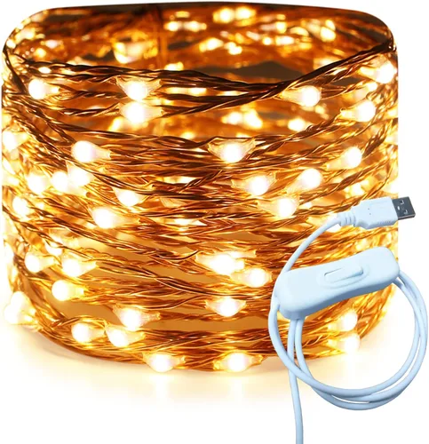 Vista 10 de RUICHEN Guirnalda de luces LED USB de 20 pies con interruptor de encendido/apagado, luces de alambre de cobre impermeables para dormitorio, pared