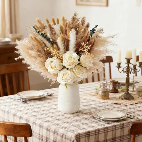 Vista 8 de 100 piezas de arreglo de flores artificiales con jarrón, rosas de seda artificiales en jarrón, decoraciones para mesa de café, pasto pampas seco