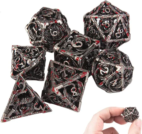 Vista 23 de Dados DND, dados de metal huecos D&D, juego de dados de mazmorras y dragones con caja de regalo, 7 piezas de juegos de dados poliédricos steampunk