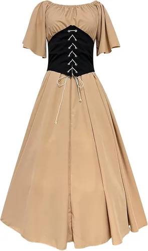 Vista 5 de SHOPESSA Vestido renacentista, disfraz victoriano para mujer, vestido de baile de retazos, vestido medieval de manga acampanada con corsé