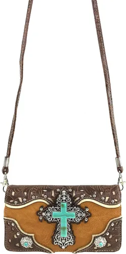 Vista 3 de Zelris turquesa Rhinestone Cruz Occidental mujeres Crossbody muñeca Trifold cartera