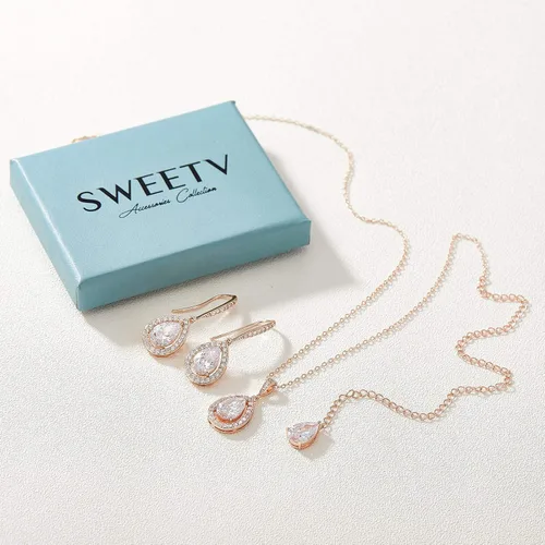 Vista 7 de SWEETV Juego de joyas de boda en forma de lágrima de cristal para novias, birdesmaids, diamantes de imitación de circonita cúbica para novia, collar