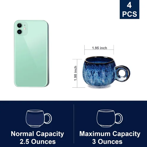 Vista 4 de Fambe - Juego de 4 tazas de café de cerámica para café de 3 onzas, mini tazas de café de porcelana, juego de tazas pequeñas de cerámica hechas por