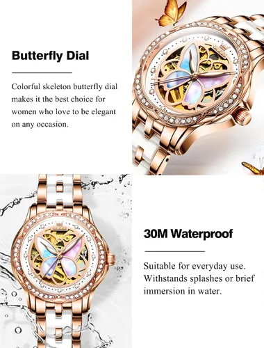 Vista 4 de OLEVS Reloj automático para mujer, reloj de cerámica de acero inoxidable Mariposa / Colorido