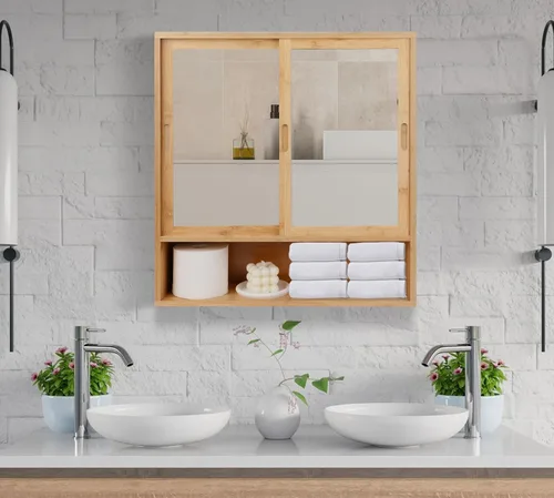 Vista 5 de ZYBT Gabinete de Baño de Bambú, Gabinetes de Medicina con Espejo, Gabinete de Baño Montado en la Pared con Almacenamiento, Gabinetes de Medicina