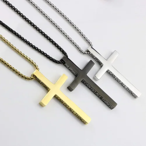 Vista 5 de Collar con dije de cruz cristiana para hombre de acero inoxidable chapado en oro o plata o negro religioso y minimalista para joyería de bautismo