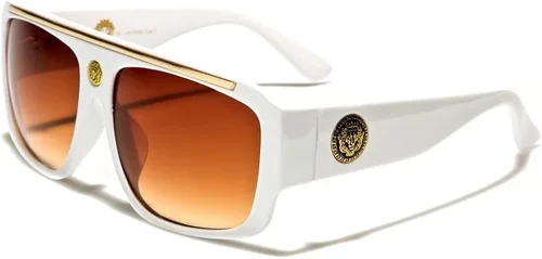 Vista 2 de Gafas de sol de aviador retro con parte superior plana Kleo blanco y dorado con lentes marrones