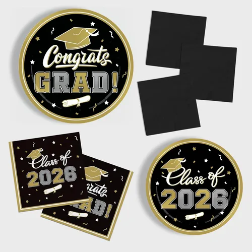 Vista 4 de Platos y servilletas de fiesta de graduación, decoraciones de graduación de clase de 2026, platos de papel desechables negros y dorados, servilletas