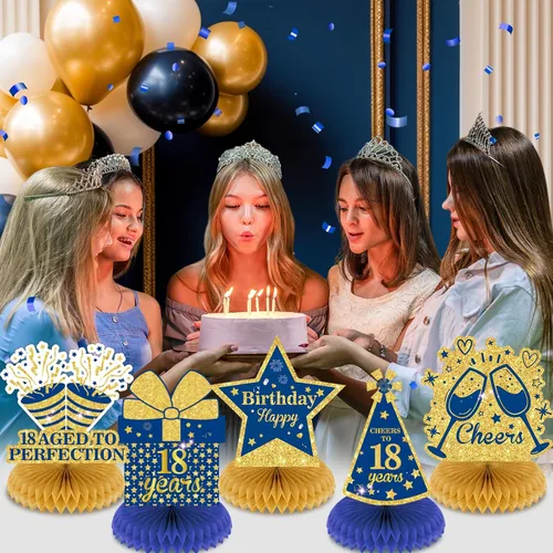 Vista 5 de 9 piezas de decoración de cumpleaños azul marino dorado 18 centros de mesa de panal para decoración de mesa, decoraciones de feliz cumpleaños 18