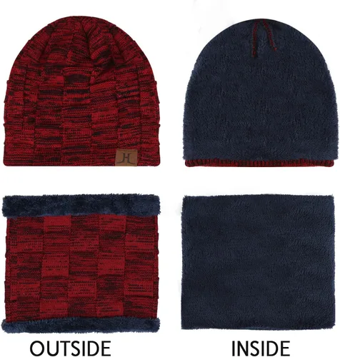 Vista 4 de Conjunto de gorro de invierno para hombre, gorro de punto cálido, gorro de calavera, calentador de cuello con forro polar grueso, gorro de invierno