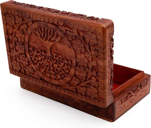 Vista 5 de Gran regalo de cumpleaños, caja de joyería decorativa de madera hecha a mano, organizador de joyas tallado en árbol de la vida, caja de recuerdos